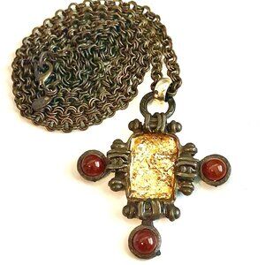 Vintage ROBERT ROSE 3" Gold Greek Cross Pendant Necklace 36" Bronze Chain